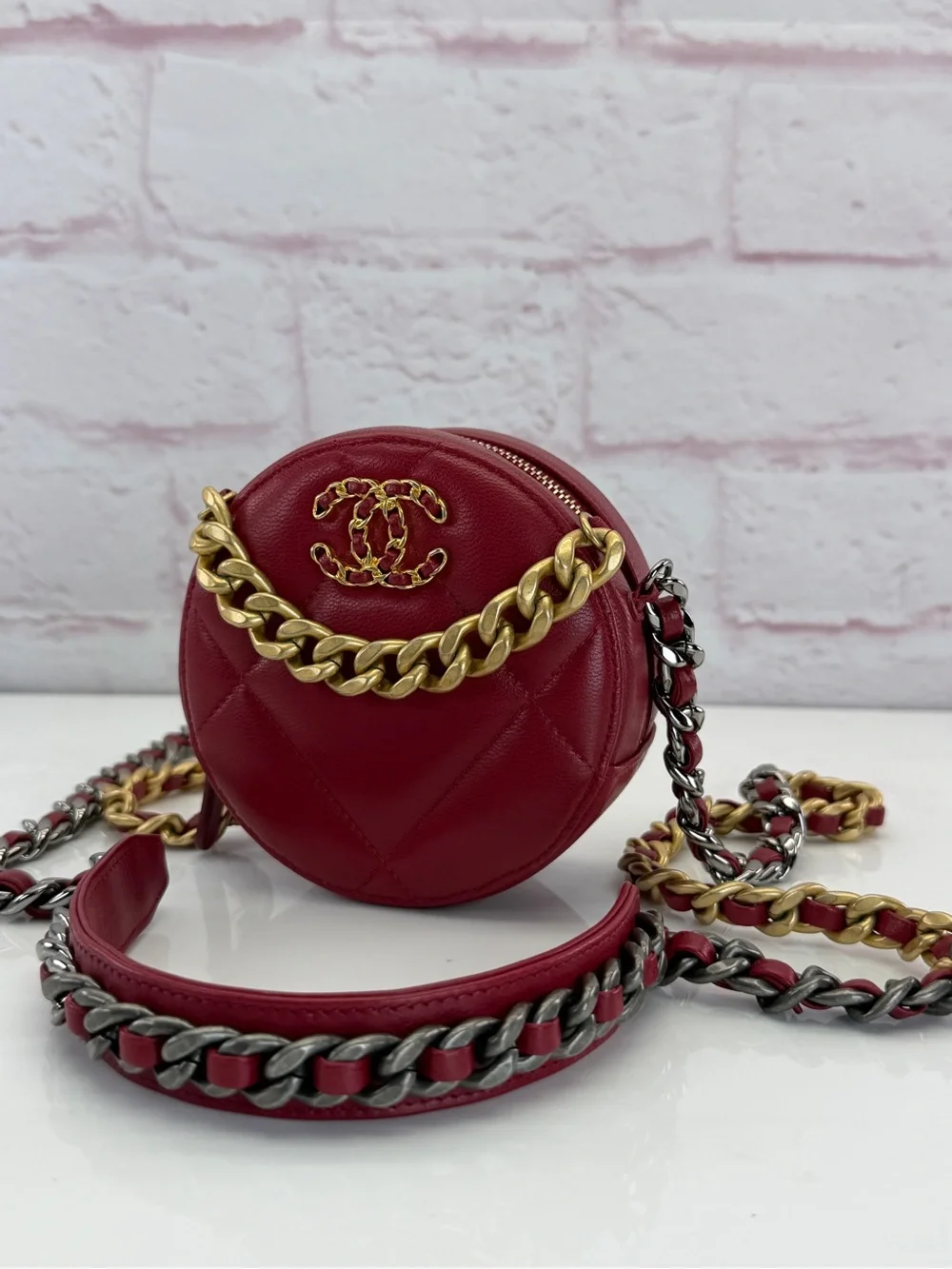 CHANEL 19 Red Quilted Round Mini Crossbody Mixed Metal Chain